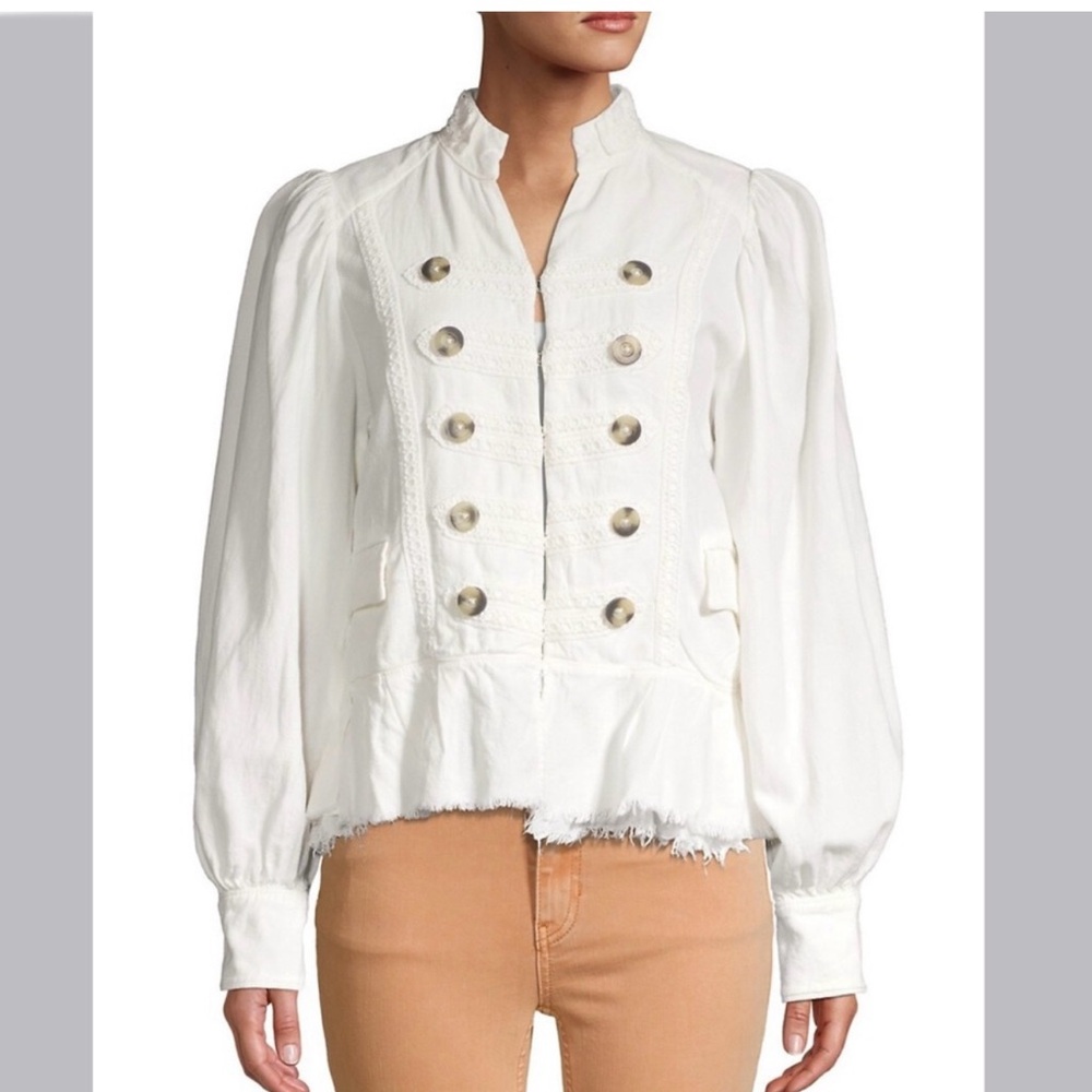 NWT Free People Ariana Linen Embroidered Lace Linen Raw Hem Military Jacket L